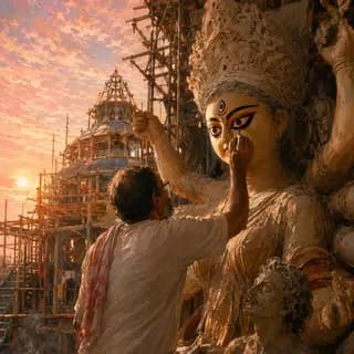 Mahalaya - A painter finishes the goddess's eyes at sunrise, among half-built pandals and bamboo scaffolding.