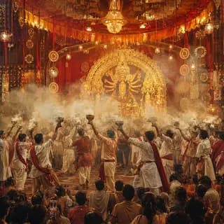 Ashtami - A crowd of dancers with smoking dhunuchis raised before the lit idol.