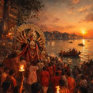 Bijoya - The idol carried out into the river at sunset for immersion, boats and lamps on the water.