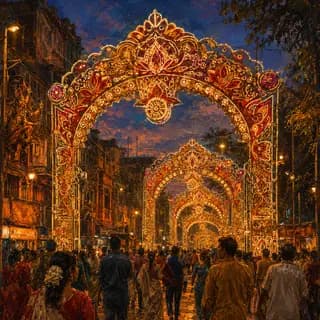 Chaturthi - A tall gateway of coloured lights over a street, crowds walking beneath it at night.