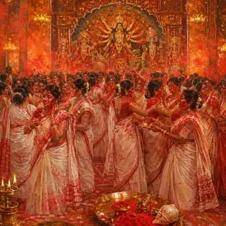 Dashami - Women at sindoor khela before the idol, brass plates of vermilion set out at their feet.