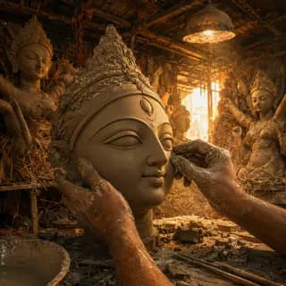 Dwitiya - A sculptor's hands smoothing the unpainted clay face of the goddess, half-finished idols and a bare bulb behind.