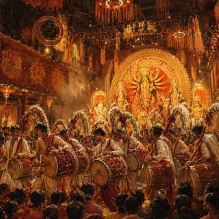 Navami - A line of dhaakis playing their drums before the idol, the crowd pressed in behind them.