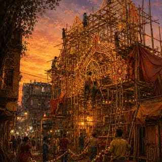 Panchami - A nearly finished pandal at sunset, lights being strung along its bamboo frame.