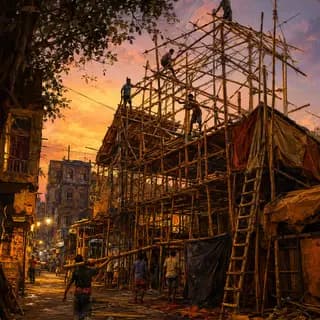 Pratipada - Workers lash bamboo into a pandal frame on a Kolkata street at dusk.