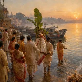 Saptami - The nabapatrika carried into the river at dawn, boats moored behind and lamps set on the water.