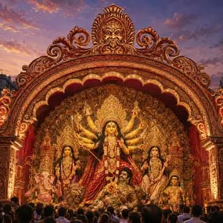 Shashti - The idol revealed under a painted arch at dusk, the first evening crowd gathered below it.