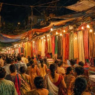 Tritiya - A night market before Puja, shoppers seen from behind among stalls of hanging saris under strung bulbs.