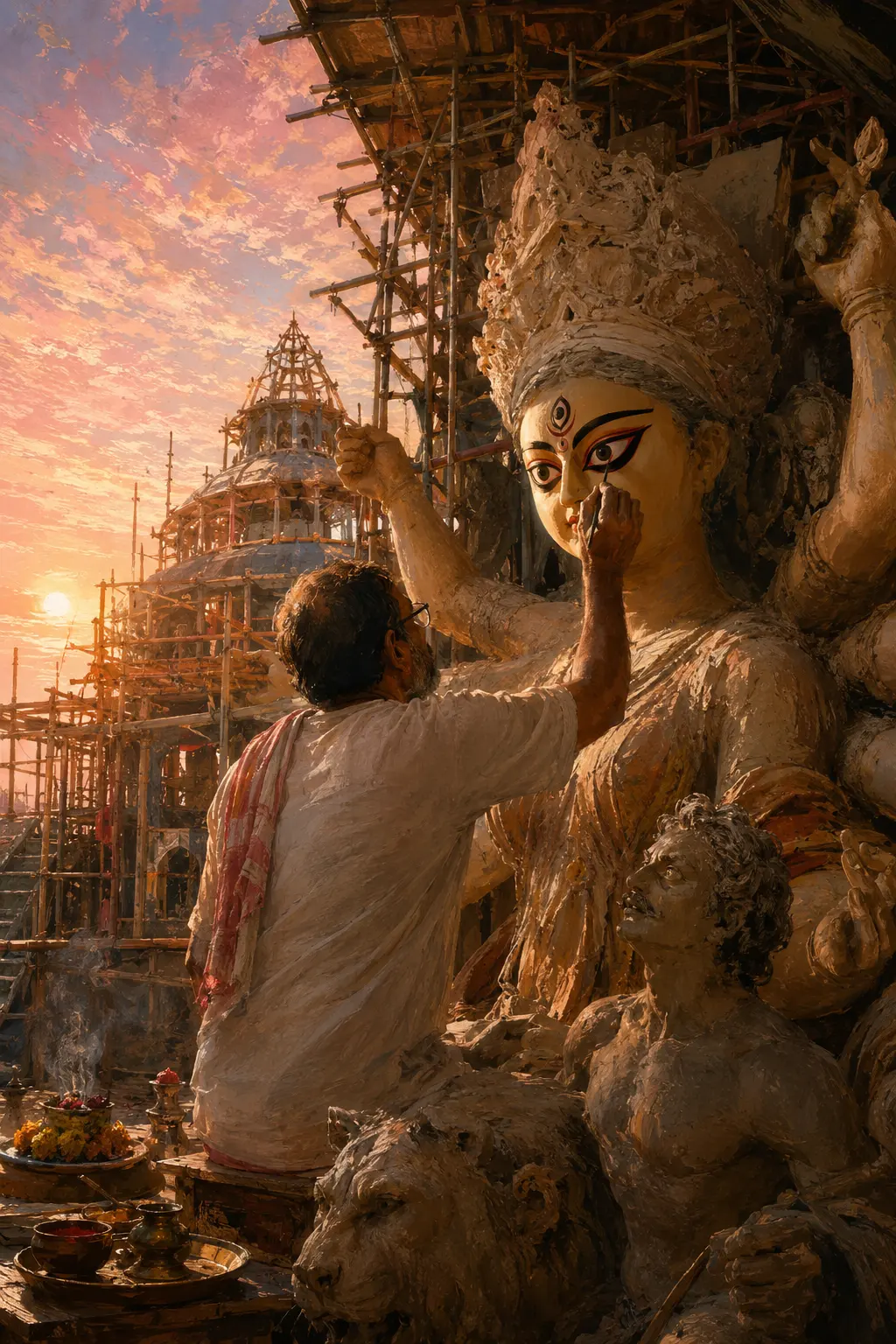 A painter finishes the goddess's eyes at sunrise, among half-built pandals and bamboo scaffolding.